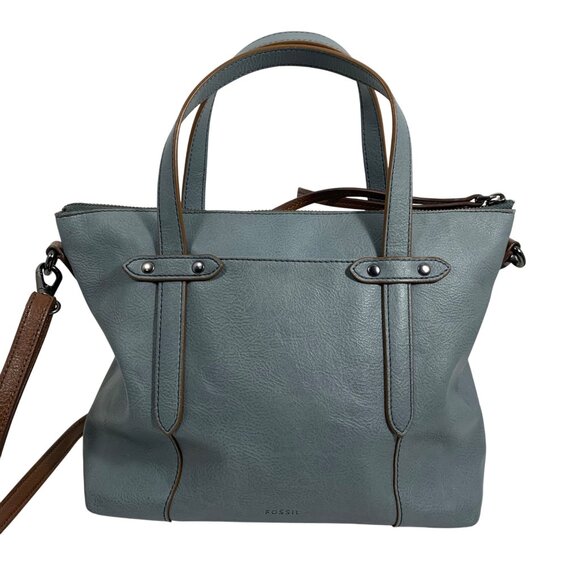 FOSSIL Dusty Blue & Brown Vegan Leather Studded Shoulder Crossbody Bag Tote - Picture 3 of 13